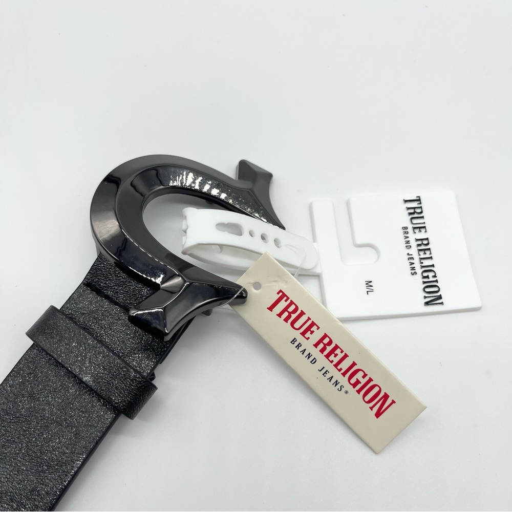 True Religion Horse Shoe Logo Buckle Black Shimmer Belt M/L– New Without Box - Picture 4 of 6